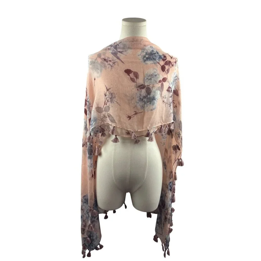 Hinge Floral Tassel Scarf Shawl Wrap Lightweight Pink & Blue Elegant Womens Acce